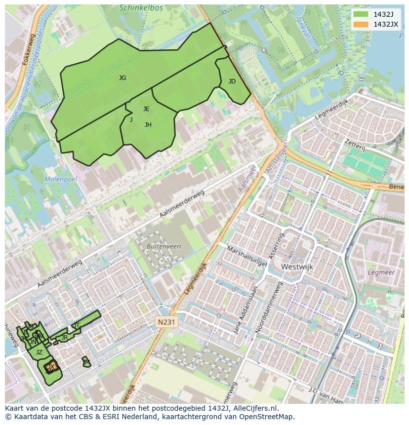 Afbeelding van het postcodegebied 1432 JX op de kaart.