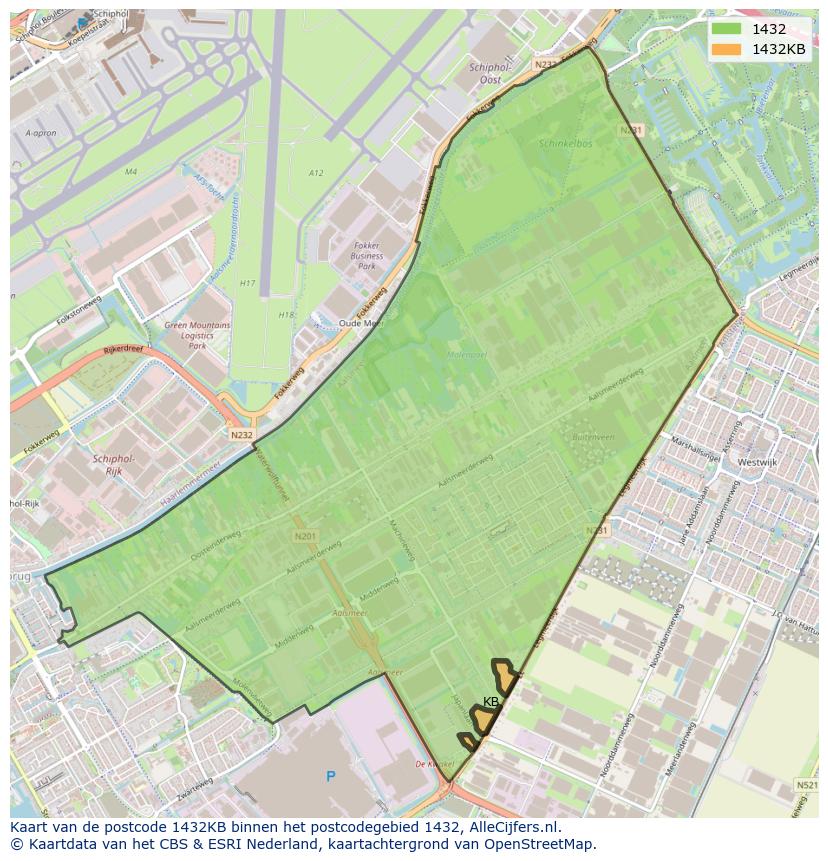Afbeelding van het postcodegebied 1432 KB op de kaart.