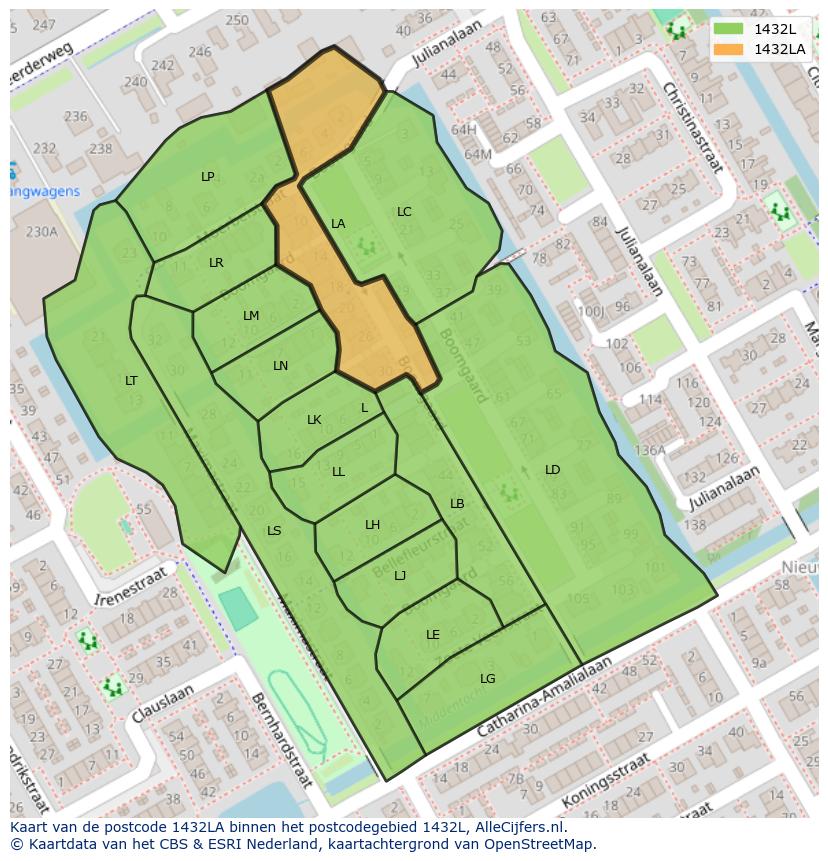 Afbeelding van het postcodegebied 1432 LA op de kaart.