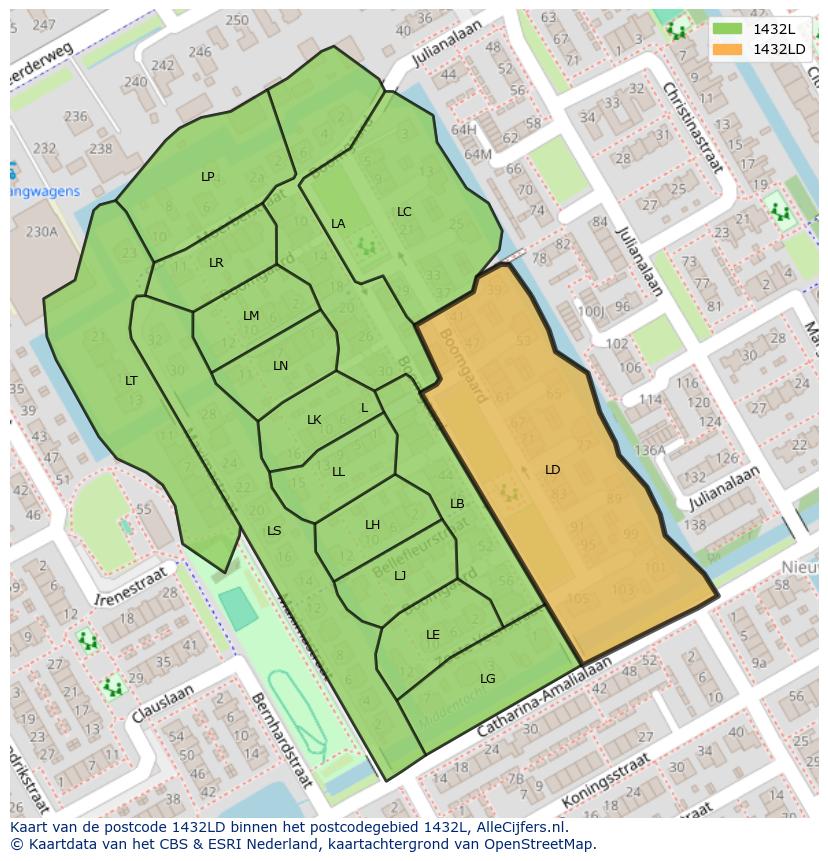 Afbeelding van het postcodegebied 1432 LD op de kaart.