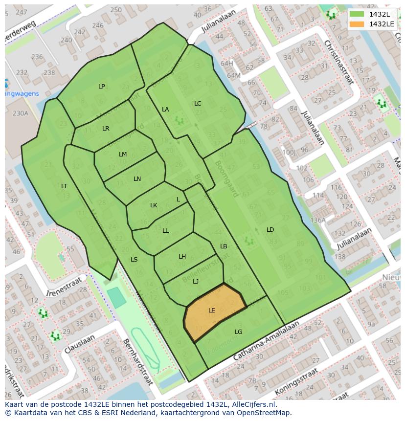 Afbeelding van het postcodegebied 1432 LE op de kaart.