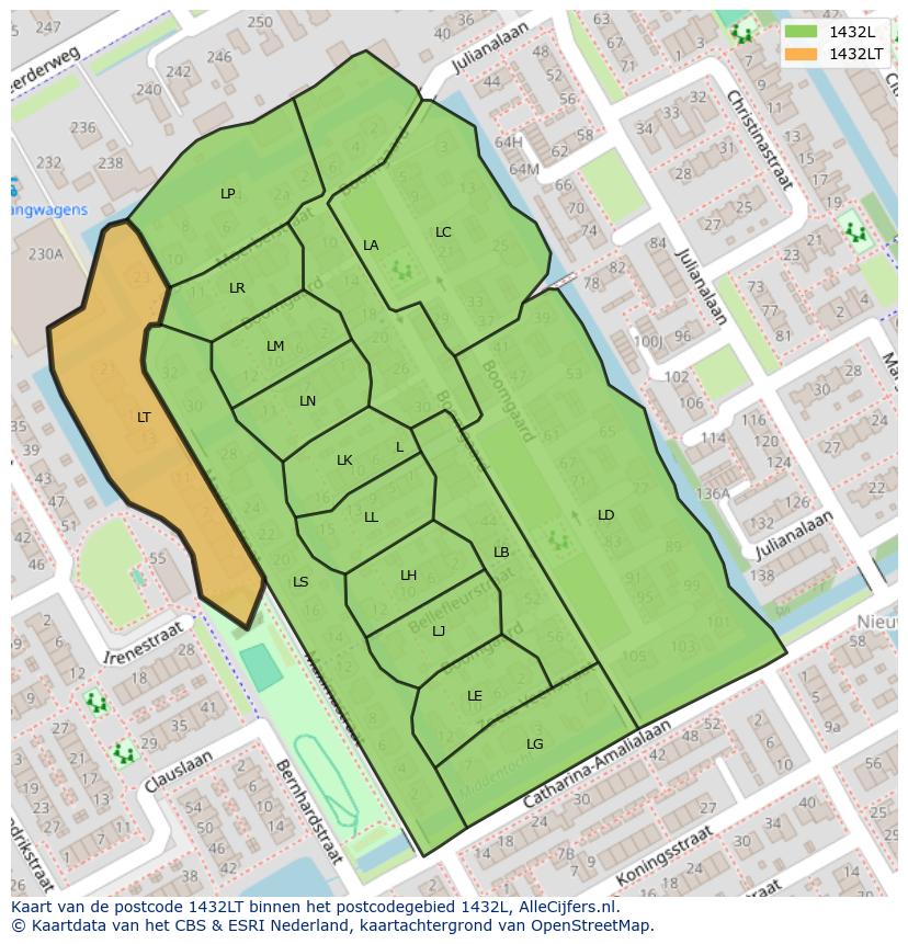 Afbeelding van het postcodegebied 1432 LT op de kaart.