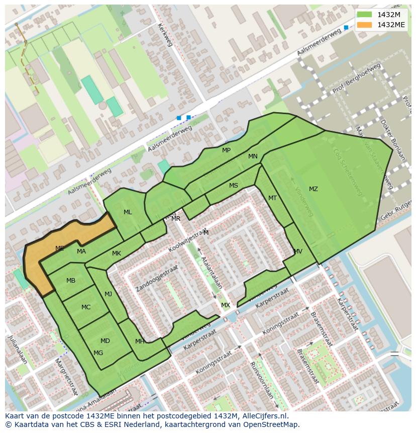 Afbeelding van het postcodegebied 1432 ME op de kaart.