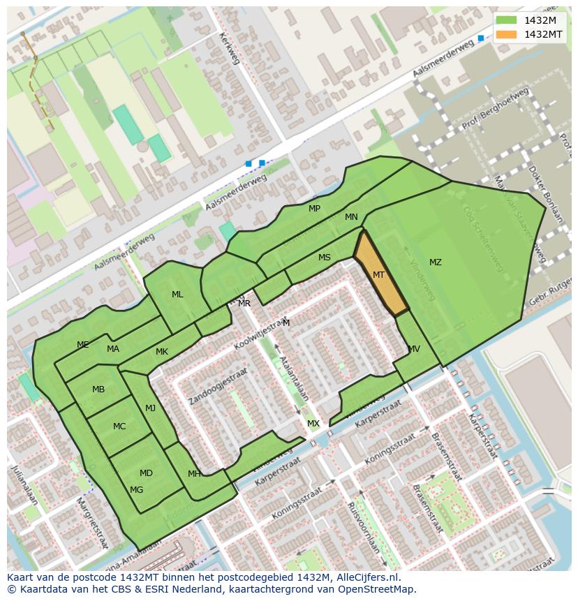 Afbeelding van het postcodegebied 1432 MT op de kaart.