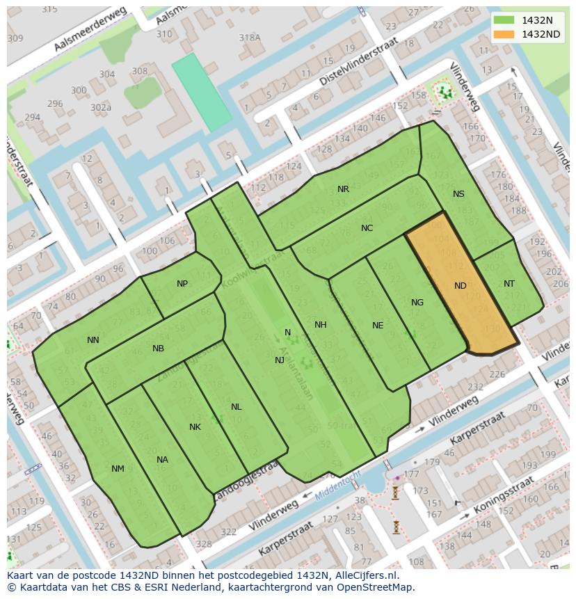 Afbeelding van het postcodegebied 1432 ND op de kaart.