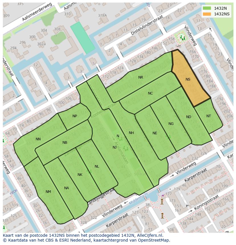 Afbeelding van het postcodegebied 1432 NS op de kaart.