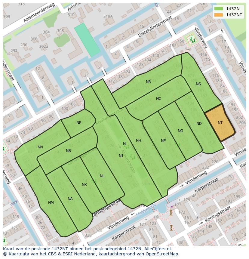 Afbeelding van het postcodegebied 1432 NT op de kaart.