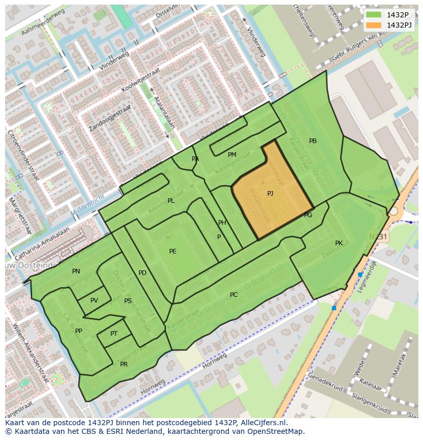 Afbeelding van het postcodegebied 1432 PJ op de kaart.