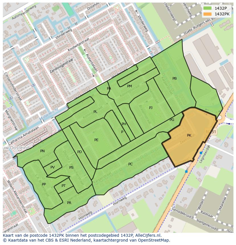 Afbeelding van het postcodegebied 1432 PK op de kaart.