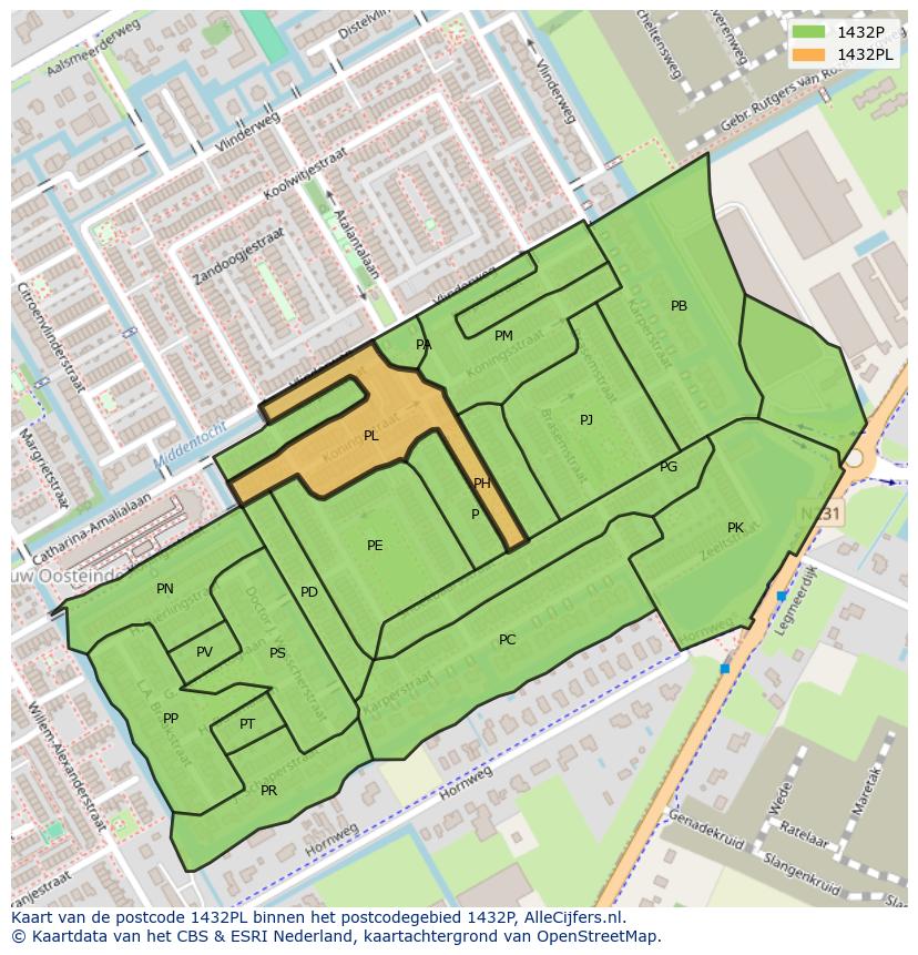 Afbeelding van het postcodegebied 1432 PL op de kaart.