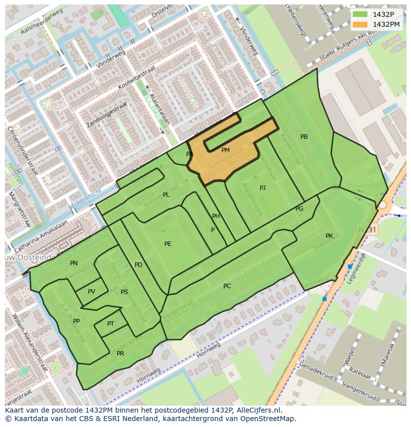 Afbeelding van het postcodegebied 1432 PM op de kaart.