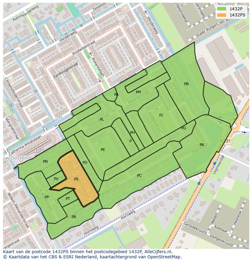 Afbeelding van het postcodegebied 1432 PS op de kaart.