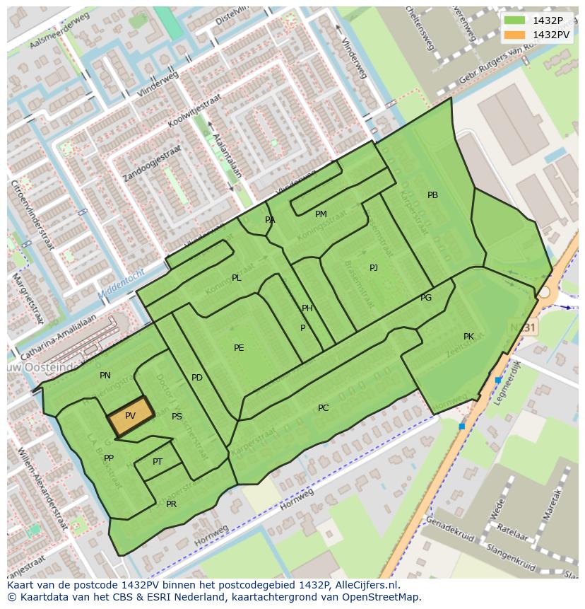 Afbeelding van het postcodegebied 1432 PV op de kaart.