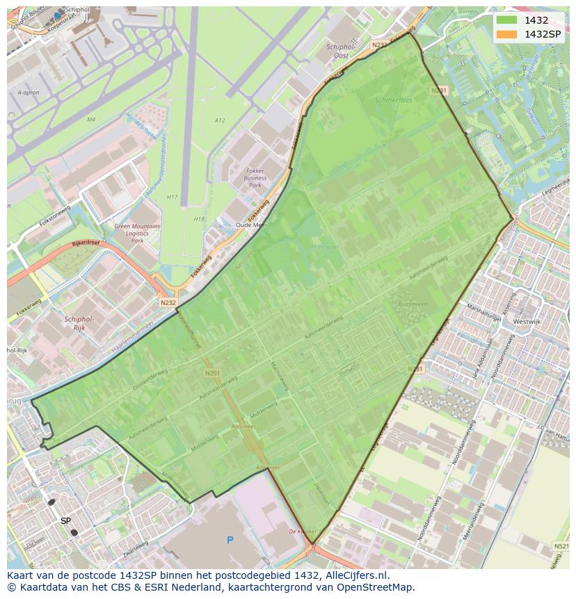 Afbeelding van het postcodegebied 1432 SP op de kaart.