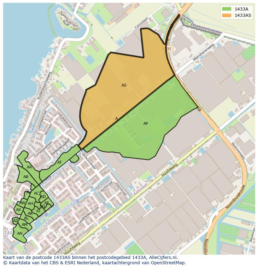 Afbeelding van het postcodegebied 1433 AS op de kaart.