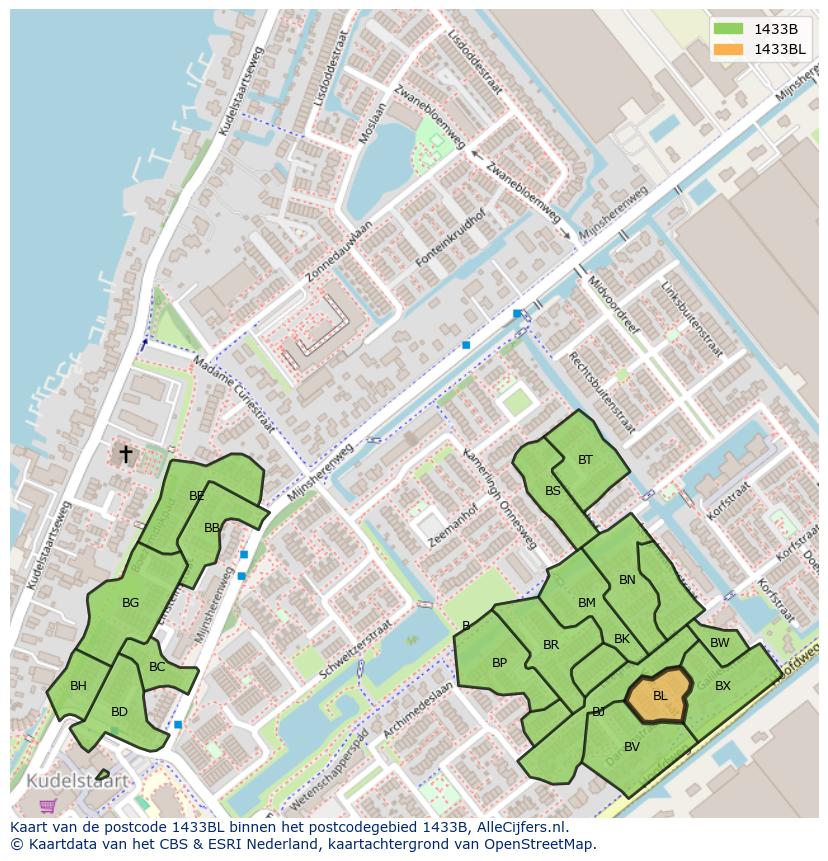 Afbeelding van het postcodegebied 1433 BL op de kaart.