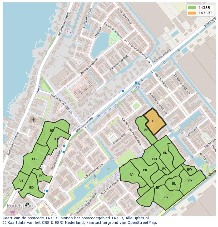 Afbeelding van het postcodegebied 1433 BT op de kaart.