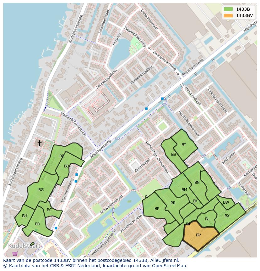Afbeelding van het postcodegebied 1433 BV op de kaart.