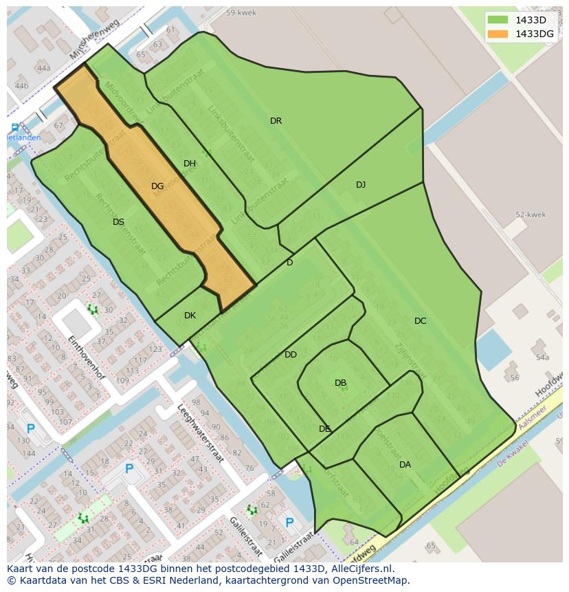 Afbeelding van het postcodegebied 1433 DG op de kaart.