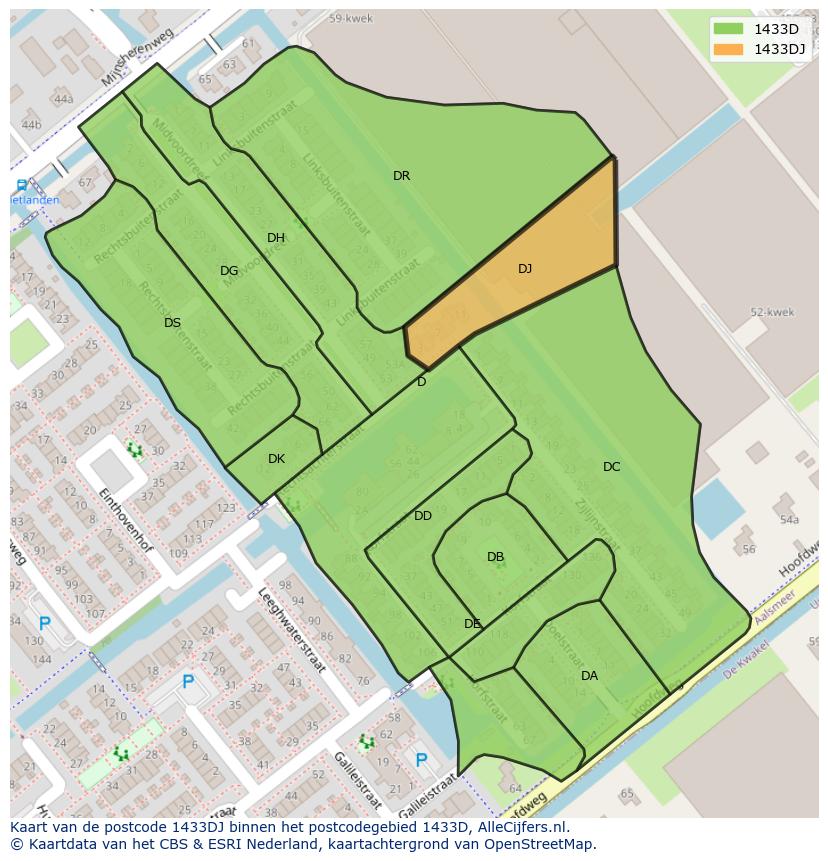 Afbeelding van het postcodegebied 1433 DJ op de kaart.