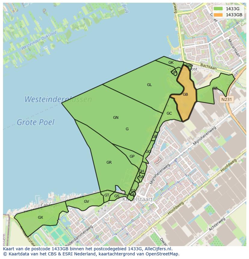 Afbeelding van het postcodegebied 1433 GB op de kaart.