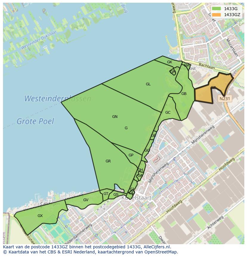 Afbeelding van het postcodegebied 1433 GZ op de kaart.