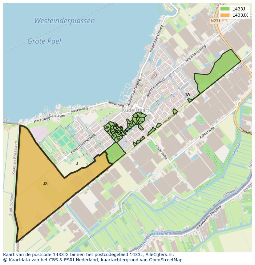 Afbeelding van het postcodegebied 1433 JX op de kaart.