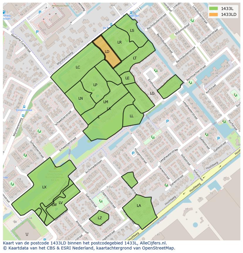 Afbeelding van het postcodegebied 1433 LD op de kaart.