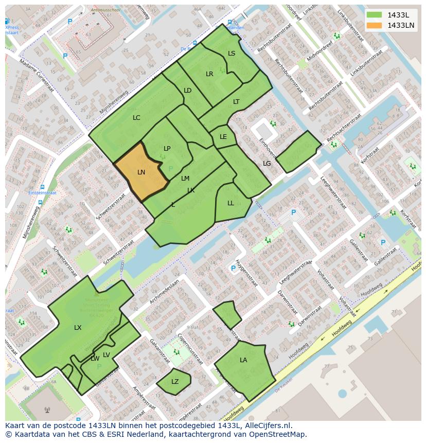 Afbeelding van het postcodegebied 1433 LN op de kaart.