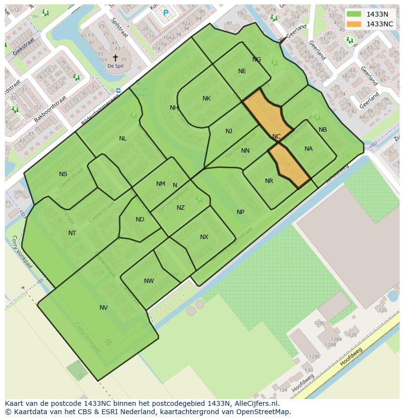 Afbeelding van het postcodegebied 1433 NC op de kaart.