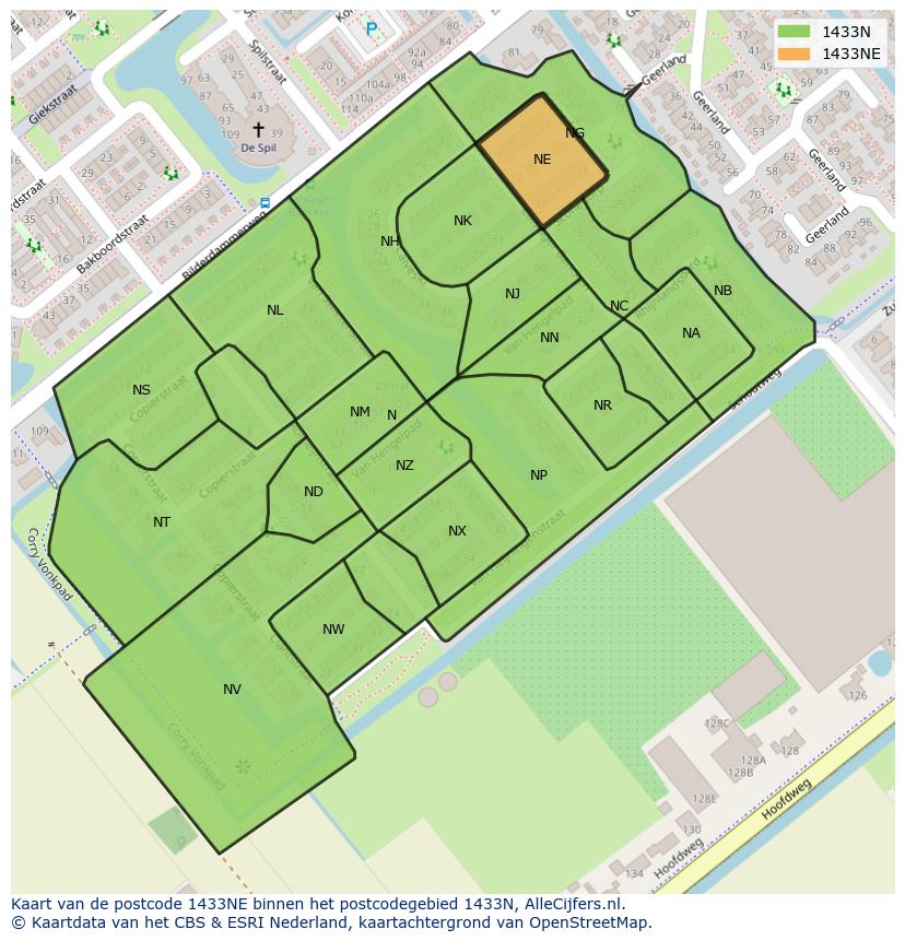 Afbeelding van het postcodegebied 1433 NE op de kaart.