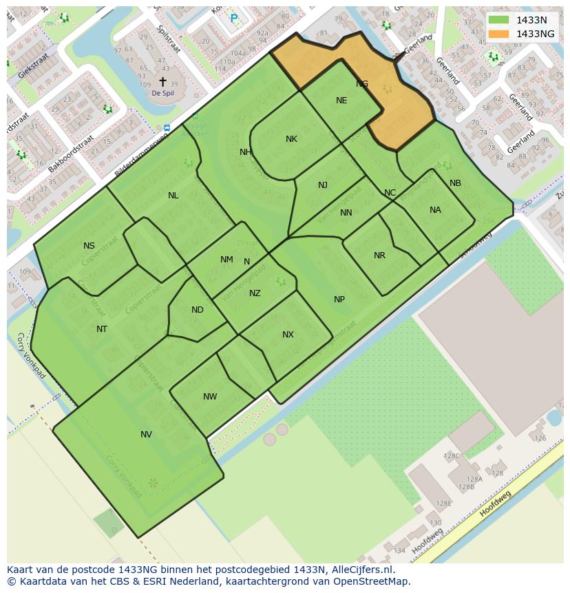 Afbeelding van het postcodegebied 1433 NG op de kaart.