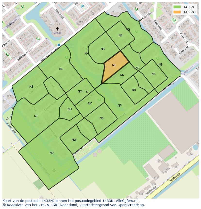 Afbeelding van het postcodegebied 1433 NJ op de kaart.