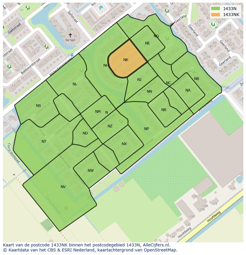 Afbeelding van het postcodegebied 1433 NK op de kaart.