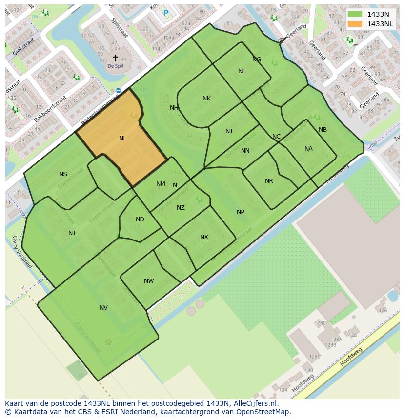 Afbeelding van het postcodegebied 1433 NL op de kaart.