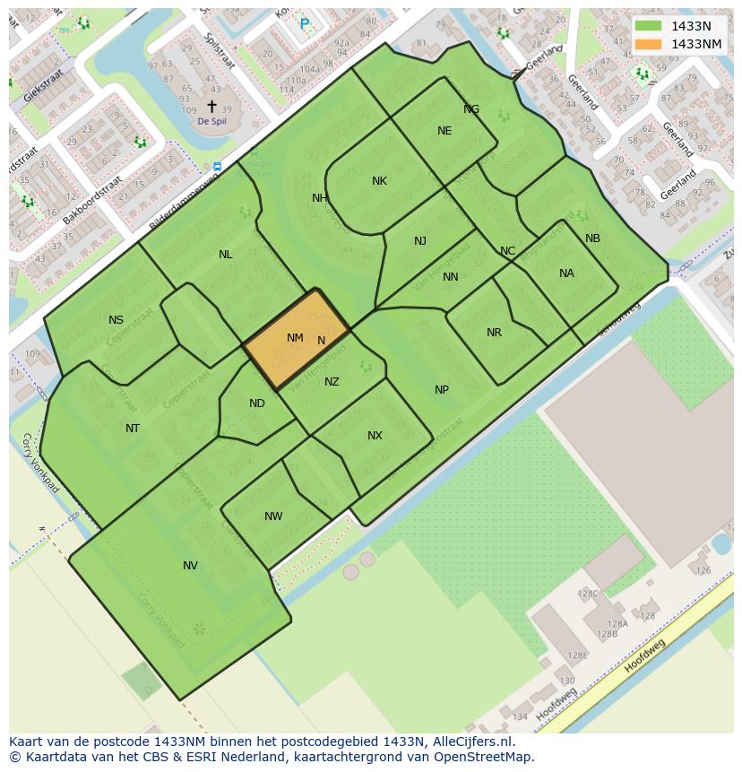 Afbeelding van het postcodegebied 1433 NM op de kaart.