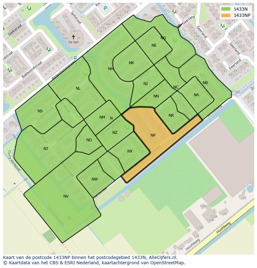 Afbeelding van het postcodegebied 1433 NP op de kaart.