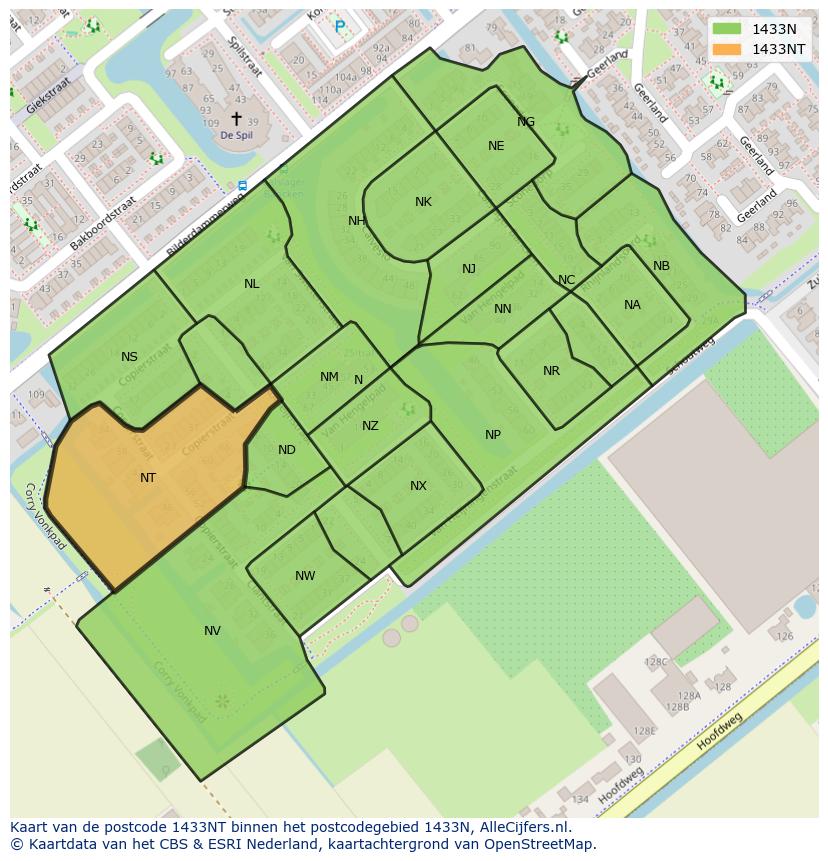 Afbeelding van het postcodegebied 1433 NT op de kaart.