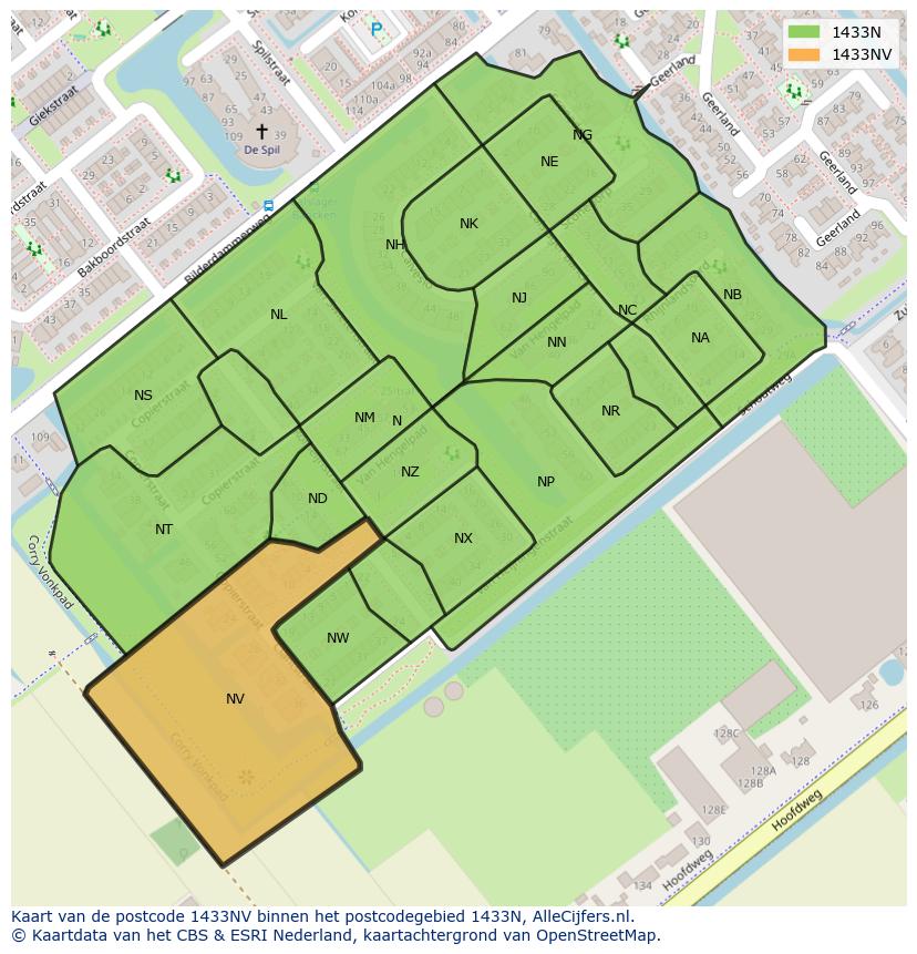 Afbeelding van het postcodegebied 1433 NV op de kaart.