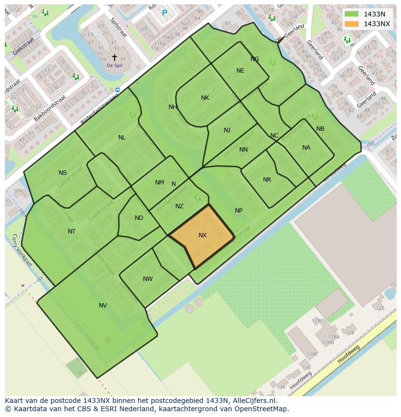Afbeelding van het postcodegebied 1433 NX op de kaart.