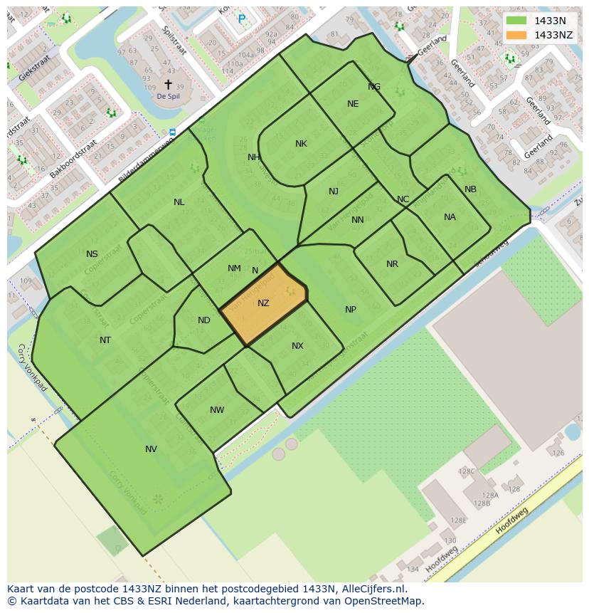 Afbeelding van het postcodegebied 1433 NZ op de kaart.