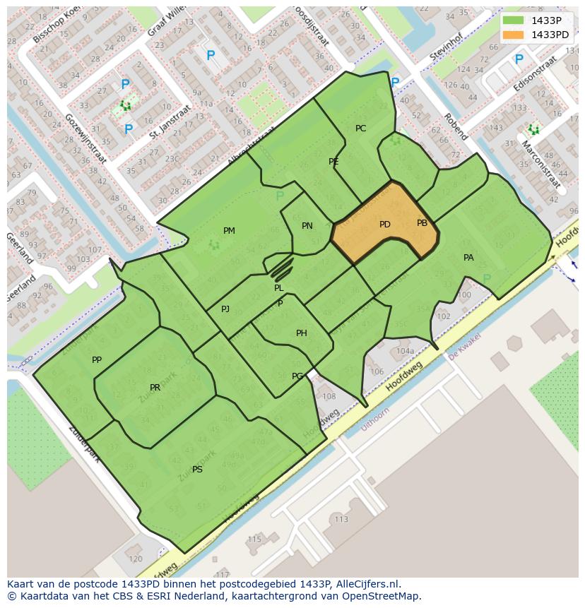 Afbeelding van het postcodegebied 1433 PD op de kaart.