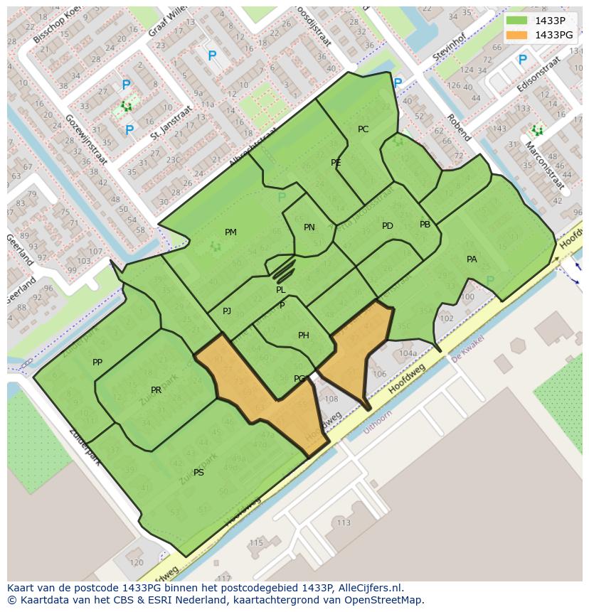 Afbeelding van het postcodegebied 1433 PG op de kaart.