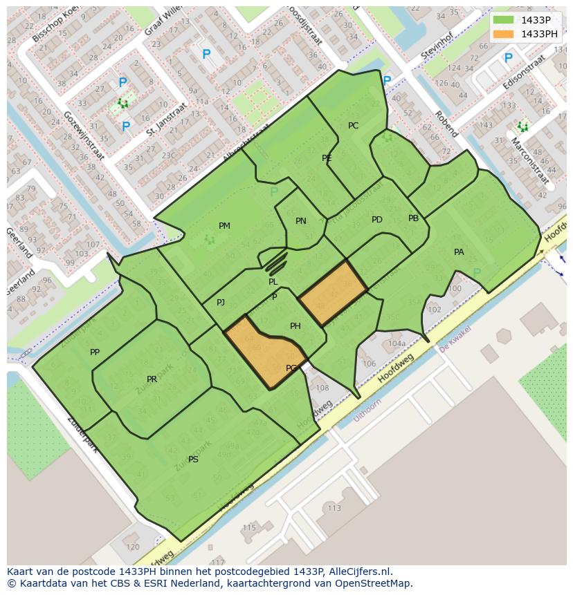Afbeelding van het postcodegebied 1433 PH op de kaart.