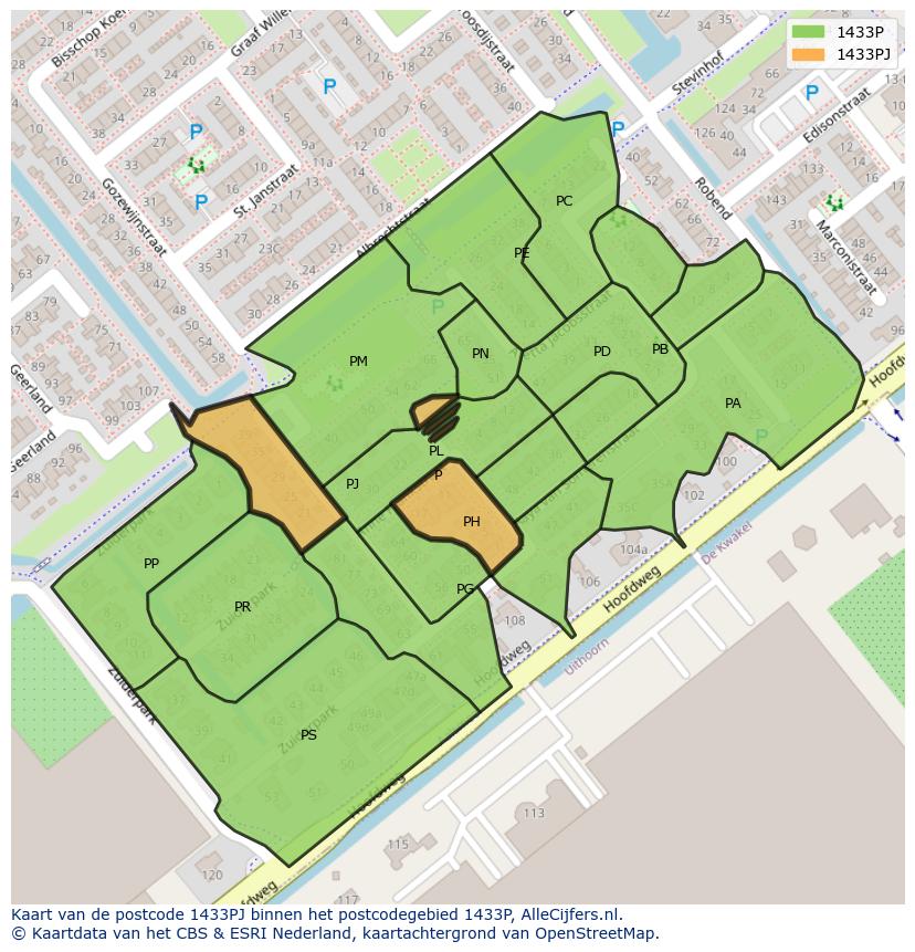 Afbeelding van het postcodegebied 1433 PJ op de kaart.