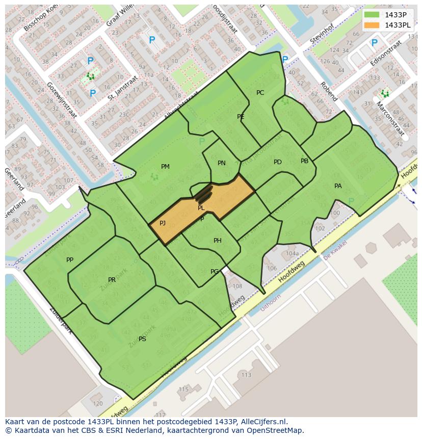 Afbeelding van het postcodegebied 1433 PL op de kaart.