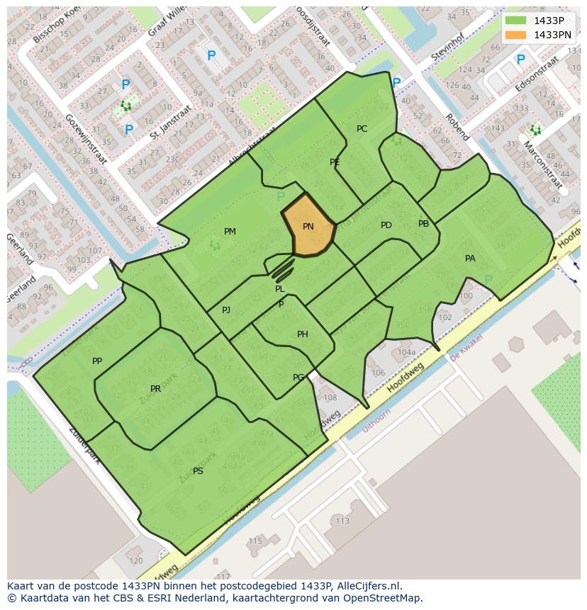 Afbeelding van het postcodegebied 1433 PN op de kaart.