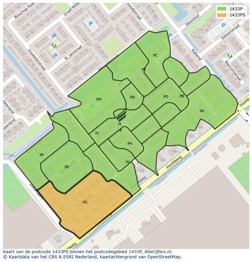 Afbeelding van het postcodegebied 1433 PS op de kaart.