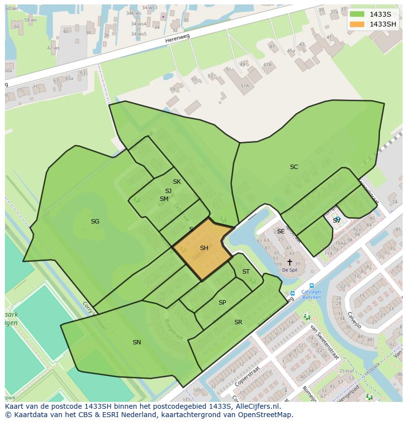 Afbeelding van het postcodegebied 1433 SH op de kaart.