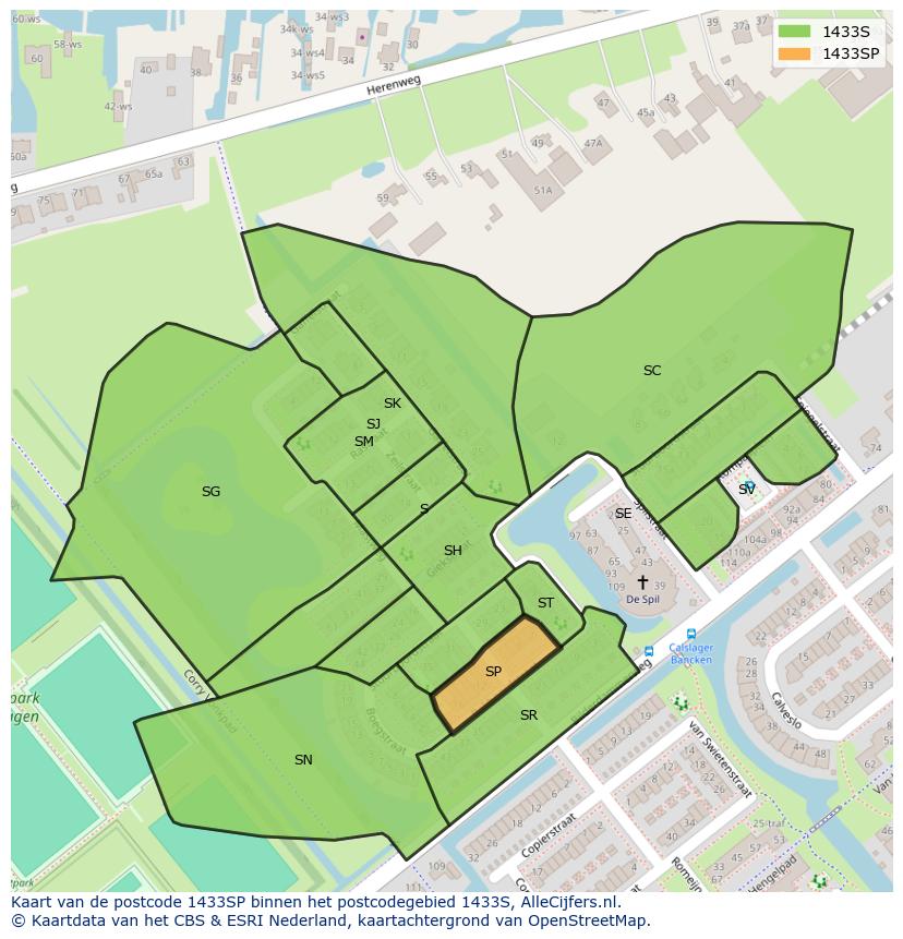 Afbeelding van het postcodegebied 1433 SP op de kaart.